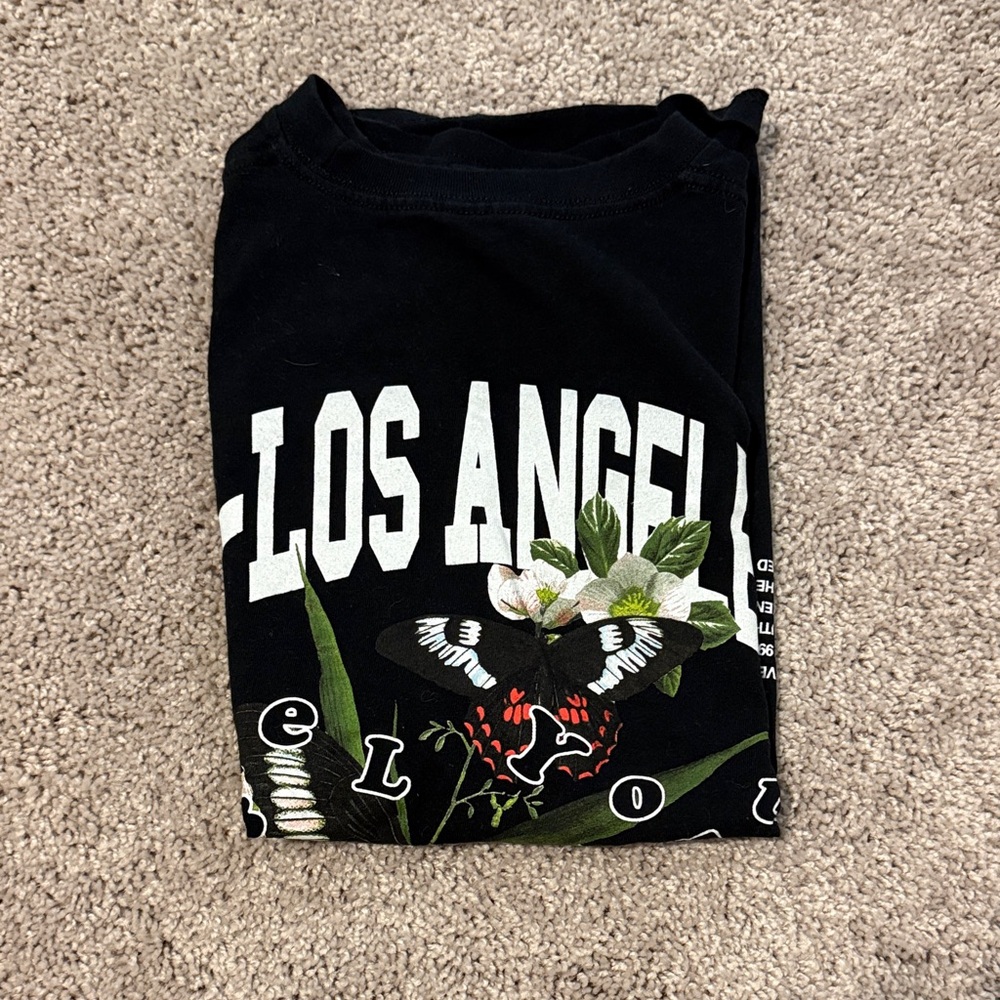 Black Graphic T-Shirt with Floral and Butterfly Design